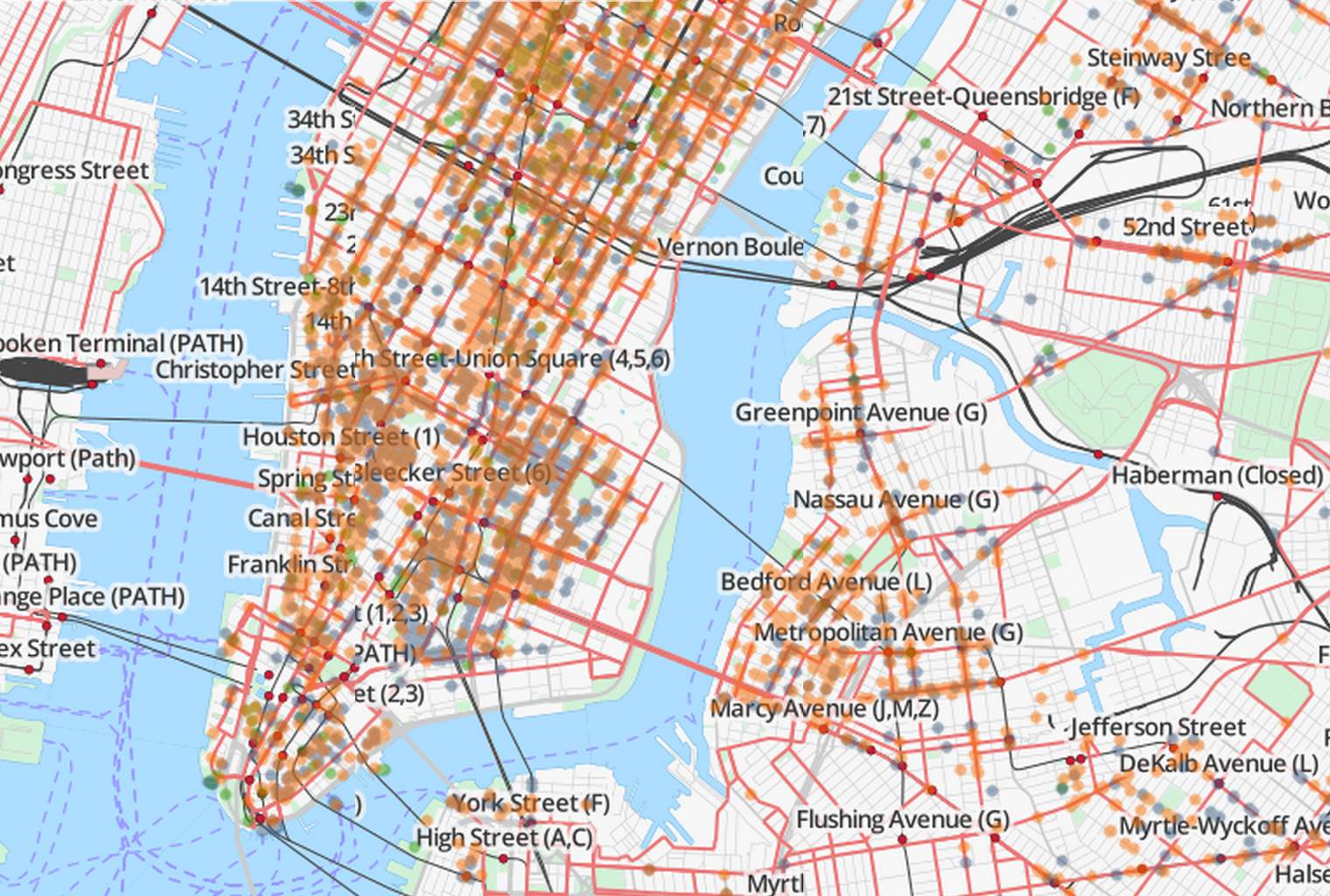 Coverage map — Manhattan is a solid wall of overlapping circles
